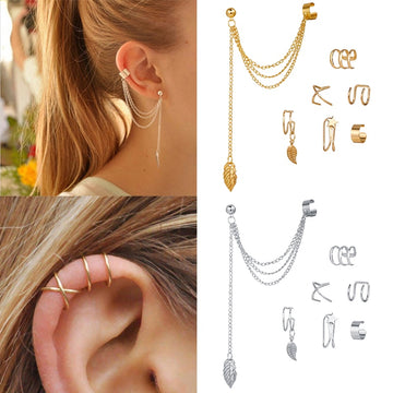 7pcs Fashion Gold Star Leaves Non-Piercing Ear Clip Earrings For Women Simple Fake Cartilage Ear Cuff Jewelry Clip Accessories daiiibabyyy
